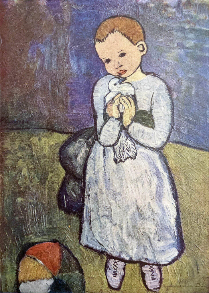 postcard front: a small child holding a dove