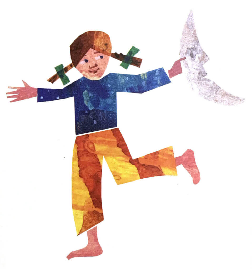 postcard front: Illustration of a girl holding a quarter moon