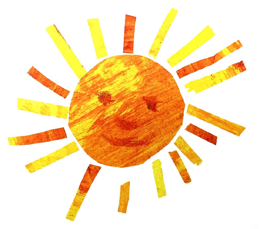 postcard front: smiling sun in yellows and oranges