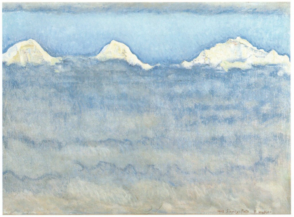 postcard front: dreamy watercolor of three mountains in the alps
